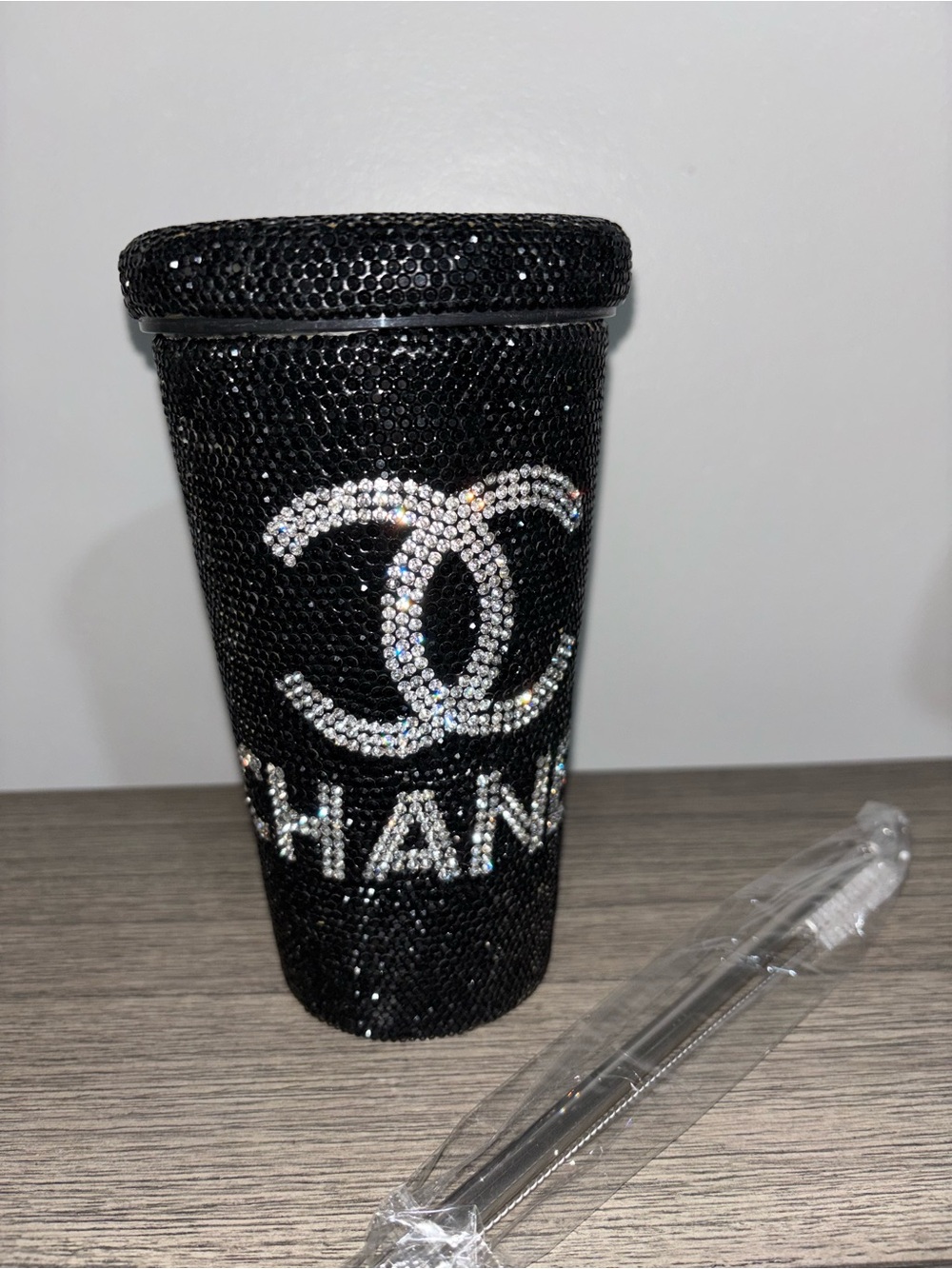 Custom Made CHANEL Black Crystal Logo Tumbler with Straw